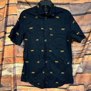 H&M Men's Casual Button-Down Shirt Small Black Cotton Short Sleeve Cheetah Print